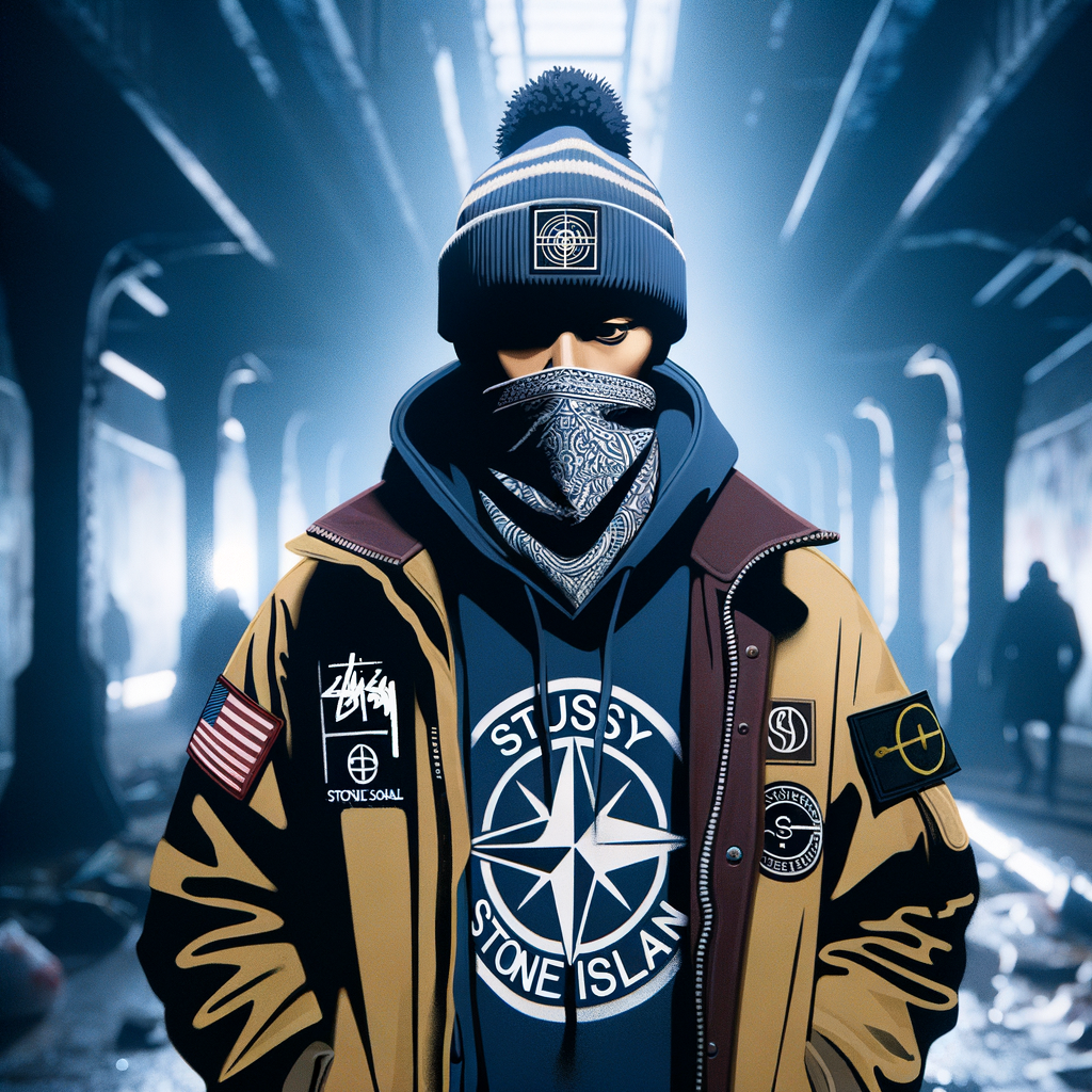Image with a hip hop artist dressed in street wear brands such as Stussy, Stone Island...