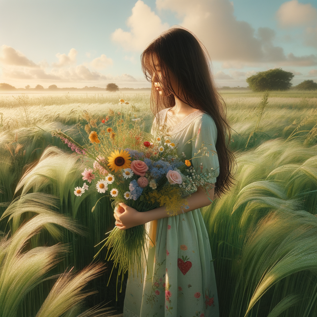 a girl standing in a field with a bouquet of flowers