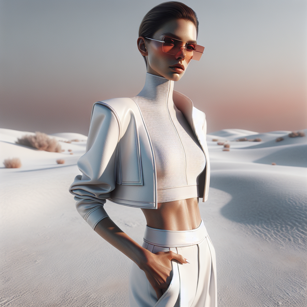 photorealistic ultra-detailed 16k, full-body editorial fashion portrait, model standing in the central third of the frame, vertical alignment, contemporary outfit: high-neck cropped white jacket with smooth slightly glossy texture, paired with fitted matte white pants, clean monochrome palette emphasizing sophistication, natural skin tones highlighted softly against the whites, background: desaturated arid landscape with subtle vegetation, pale neutral horizon with gentle color gradients, diffuse even lighting creating soft shadows that contour face and angular collar of jacket, confident pose with slight head tilt, hand resting gently on thigh, oversized gradient sunglasses transitioning from pink to orange adding playful modern edge, balance between sleek fashion and expansive dreamlike environment, textures highly detailed — glossy jacket fabric, matte pants, smooth skin, atmospheric and editorial quality photorealistic ultra-detailed 16k, full-body editorial fashion portrait, model standing in the central third of the frame, vertical alignment, contemporary outfit: high-neck cropped white jacket with smooth slightly glossy texture, paired with fitted matte white pants, clean monochrome palette emphasizing sophistication, natural skin tones highlighted softly against the whites, background: desaturated arid landscape with subtle vegetation, pale neutral horizon with gentle color gradients, diffuse even lighting creating soft shadows that contour face and angular collar of jacket, confident pose with slight head tilt, hand resting gently on thigh, oversized gradient sunglasses transitioning from pink to orange adding playful modern edge, balance between sleek fashion and expansive dreamlike environment, textures highly detailed — glossy jacket fabric, matte pants, smooth skin, atmospheric and editorial quality
