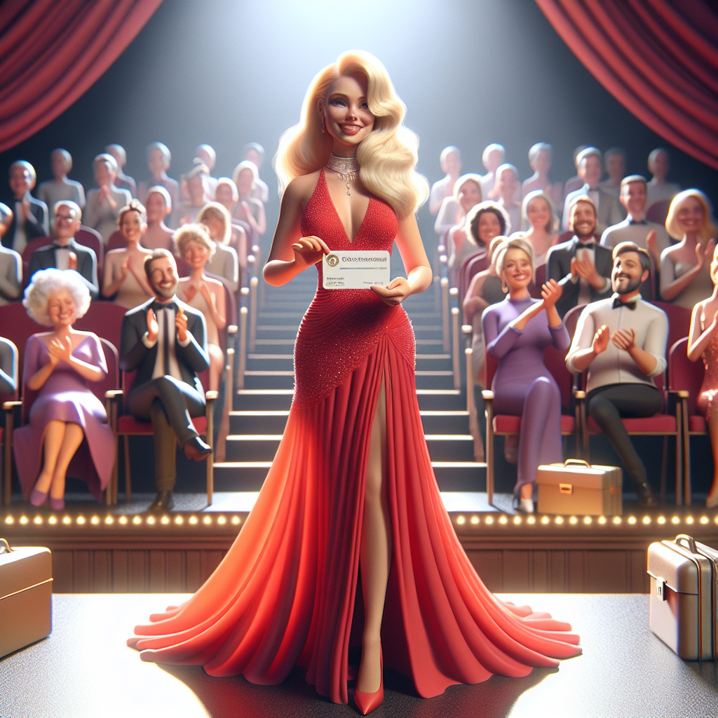 A Russian woman with blonde hair stands on the stage in a red long dress, holding a business card from Alfa Bank in her hands, many people applaud her in the background