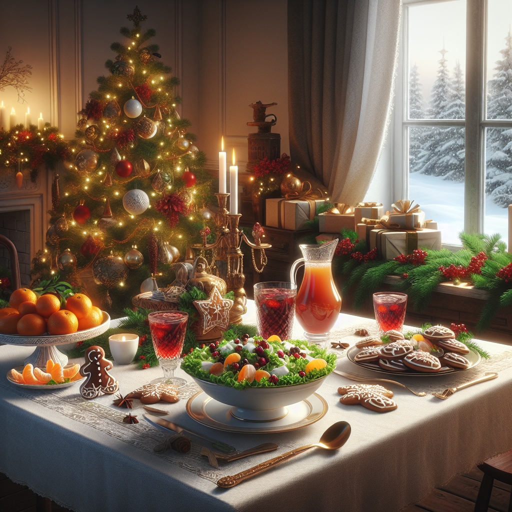 Реалистичное фото, 4K. Новогодний праздничный стол в русской традиции: белоснежная скатерть, оливье, мандарины, пряники, клюквенный морс в графине, горячий шоколад. На заднем плане — ёлка с игрушками и гирляндами, подарки под ёлкой, окно со снежным пейзажем. Тёплое освещение, свечи, атмосфера уюта. Цвета: золотой, красный, зелёный, белый. Средний план, вид на стол и ёлку.