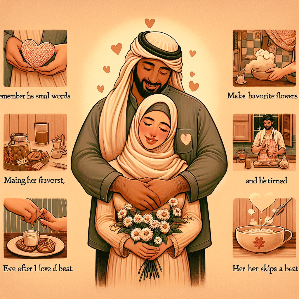 *"Опиши, как муж искренне и нежно любит свою жену. Расскажи о маленьких моментах, в которых проявляется его забота: как он запоминает её любимые цветы, готовит завтрак, когда она устала, или просто обнимает её после долгого дня. Покажи, что его любовь — не в громких словах, а в повседневных жестах, в терпении, в умении слушать и поддерживать. Передай, как он гордится ею, восхищается её силой и красотой, и как даже спустя годы его сердце замирает, когда она улыбается. Сделай это тёплым, личным и эмоциональным текстом, который передаст глубину чувств."*