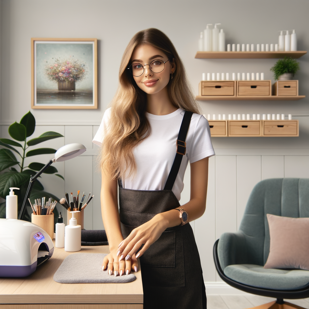 A female manicure master with long light brown hair and glasses stands in her cozy workspace. She is wearing a white t-shirt and a dark apron, holding a manicure tool in her hand with a content expression on her face. The room is bright and neat: in the corner, there is a light wooden cabinet with drawers. On top of it are a green potted plant, a bottle with a pump dispenser, and a white and purple wax warmer. A framed floral painting hangs on the wall above. The interior includes a soft, gray-blue padded chair and a black office chair. The overall setting conveys a sense of comfort, cleanliness, and professionalism. A female manicure master with long light brown hair and glasses stands in her cozy workspace. She is wearing a white t-shirt and a dark apron, holding a manicure tool in her hand with a content expression on her face. The room is bright and neat: in the corner, there is a light wooden cabinet with drawers. On top of it are a green potted plant, a bottle with a pump dispenser, and a white and purple wax warmer. A framed floral painting hangs on the wall above. The interior includes a soft, gray-blue padded chair and a black office chair. The overall setting conveys a sense of comfort, cleanliness, and professionalism.