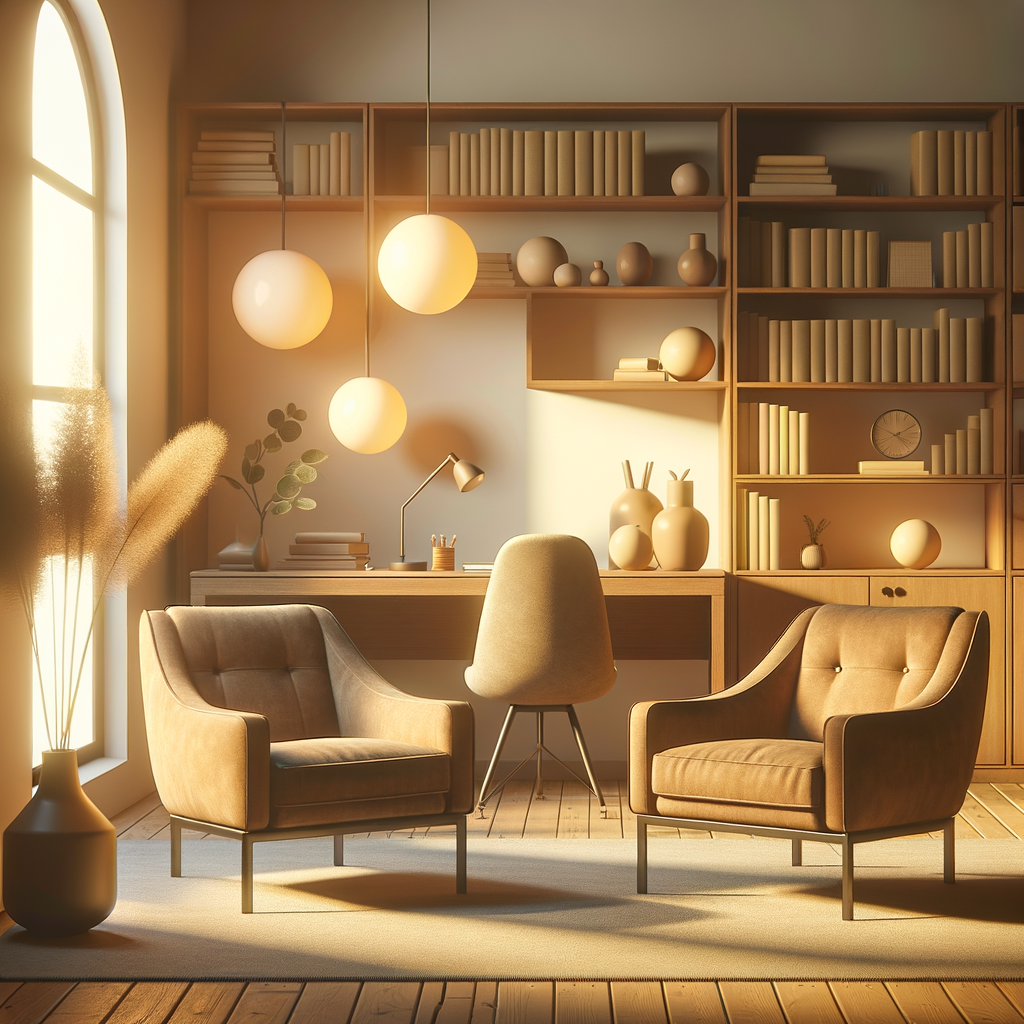 Cozy psychologist's office: two suede brown chairs opposite each other, a beige office and a large bookcase in the background. The rest of the interior is very minimalist: round vases and lamps