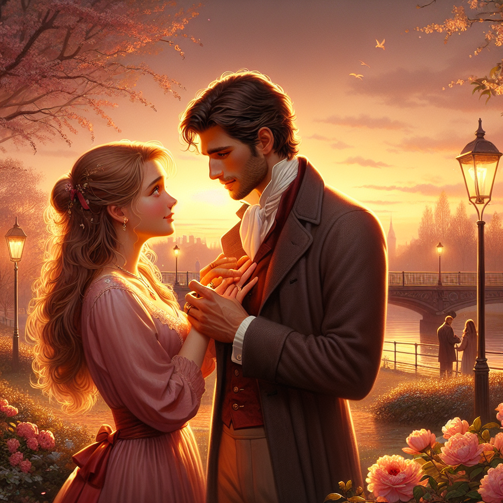 **Промт для картины:**  

*"Романтический момент признания в любви и вечной верности"*  

**Сцена:**  
Тёплый вечер, закатное небо окрашено в золотые и розовые тона. Молодой мужчина и девушка стоят в уютном парке, окружённые цветущими деревьями и мягким светом фонарей. В воздухе витает лёгкий аромат весенних цветов.  

**Действие:**  
Мужчина нежно держит руки девушки, смотря ей в глаза с искренней нежностью. Его взгляд полон любви и решимости. Он произносит слова признания, обещая быть с ней всегда, хранить верность и поддерживать в любых испытаниях. Девушка смущённо улыбается, её глаза сияют от счастья.  

**Детали:**  
- Вдали виднеется мост через реку, отражающий последние лучи солнца.  
- В руках у мужчины может быть букет её любимых цветов или небольшой символический подарок.  
- Возможно, в кармане у него кольцо – намёк на будущее предложение.  
- Их позы естественны и полны нежности: он слегка склонился к ней, она прижала руку к груди, тронутая его словами.  

**Стиль:**  
Реализм с элементами романтизма. Тёплая цветовая гамма, мягкие светотени, передающие эмоциональную глубину момента.  

**Настроение:**  
Трогательное, искреннее, полное надежды на вечную любовь.