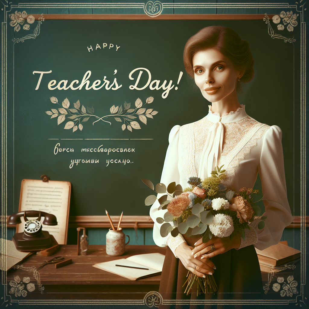 Create a teacher's day greeting card featuring a Slavic-looking woman in a beautiful business dress holding a bouquet of garden flowers against the backdrop of a school blackboard with the message "TEACHER'S DAY!" in Russian Create a teacher's day greeting card featuring a Slavic-looking woman in a beautiful business dress holding a bouquet of garden flowers against the backdrop of a school blackboard with the message "TEACHER'S DAY!" in Russian