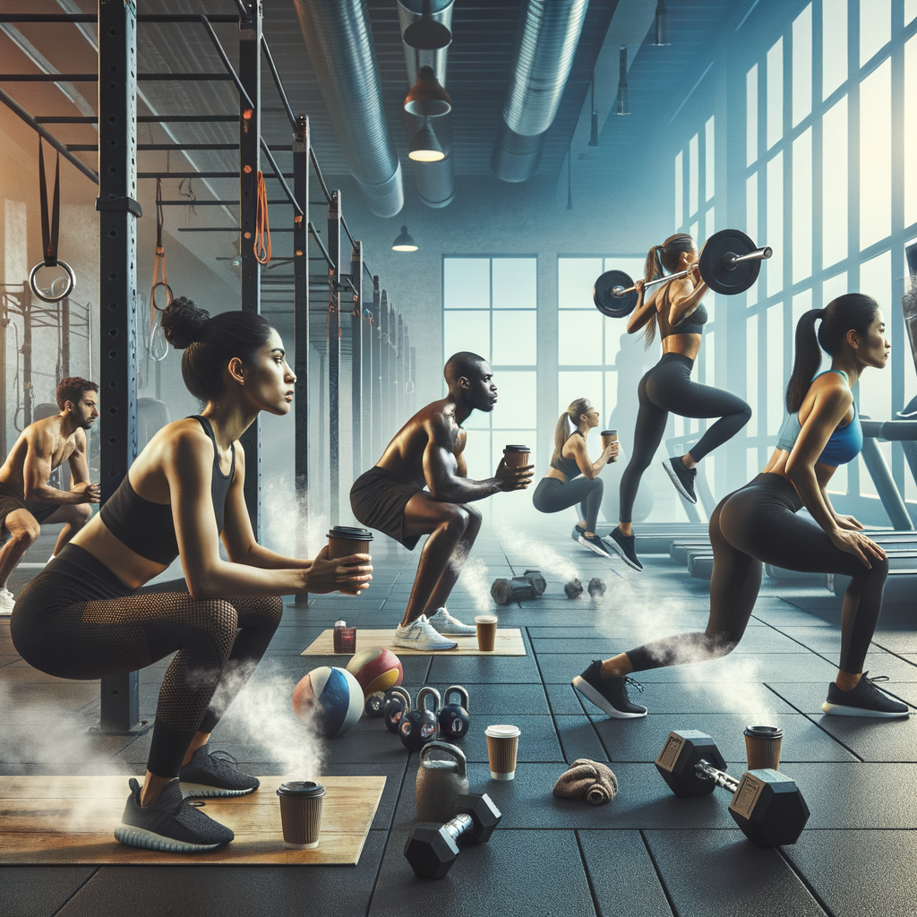 draw a picture of people doing sports in a gym and drinking coffee