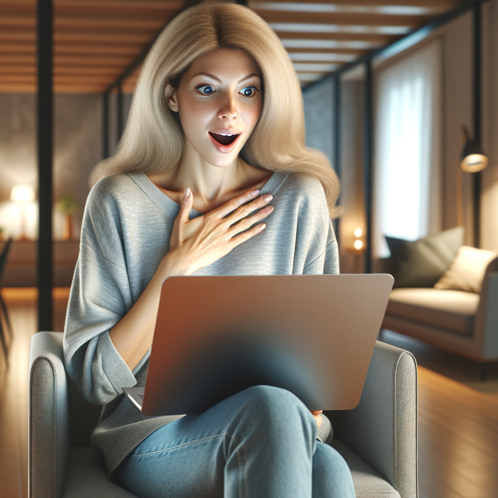 The image is of a blonde girl in her 30s, she is sitting in an armchair and looking in surprise at the macbook that is on her lap. All around is a bright living room in a Scandinavian minimalist style