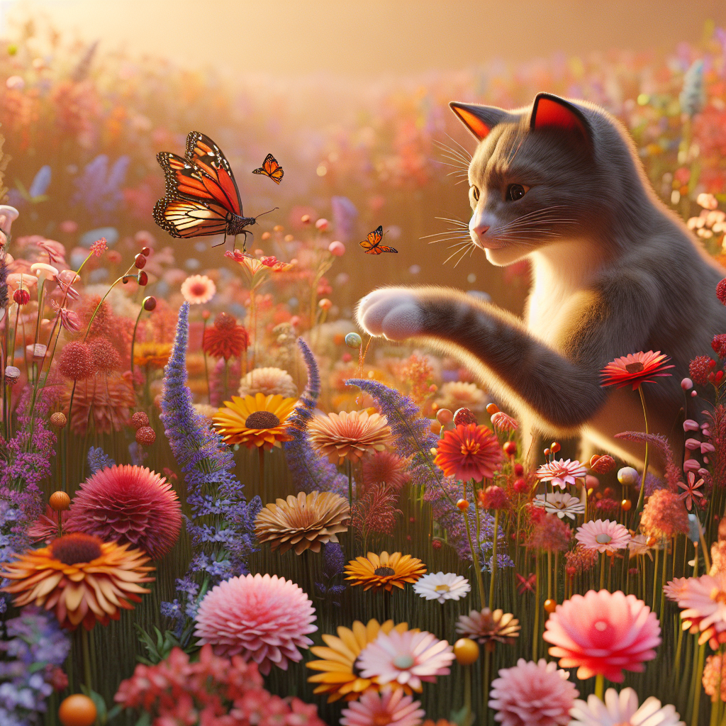 A cat plays with a butterfly in a flower meadow