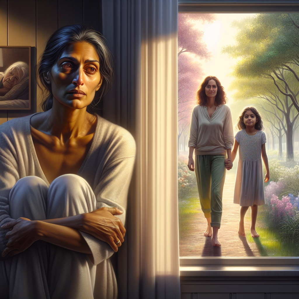 A realistic scene: in the foreground, a woman in her early 40s stands by a window, looking out sadly. Her eyes are sad and longing, expressing her grief and memories of her departed mother. She is dressed in cozy home clothes, with her hands resting on the windowsill or wrapped around herself, creating an atmosphere of inner sadness. Beyond the window, there is a bright, sunny, and warm scene: a young mother is walking with a girl around 8-9 years old, both smiling and holding hands, enjoying a sunny day. Outside, there is a blooming tree or leaves unfurling, everything is very beautiful and bright. Inside, there is a contrast between the sadness of the woman and the bright scene outside the window, symbolizing the memory, warmth and joy of the past. The style is realism, soft lighting, warm and pastel colors."