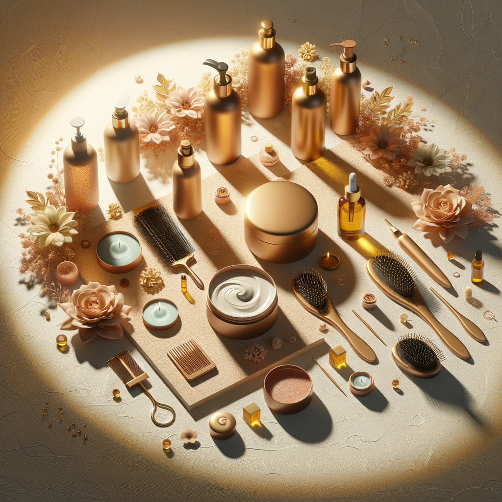 An aesthetically pleasing flat lay of beauty products such as creams, oils, and hair tools arranged on a soft textured background with flowers, creating a sense of self-care.