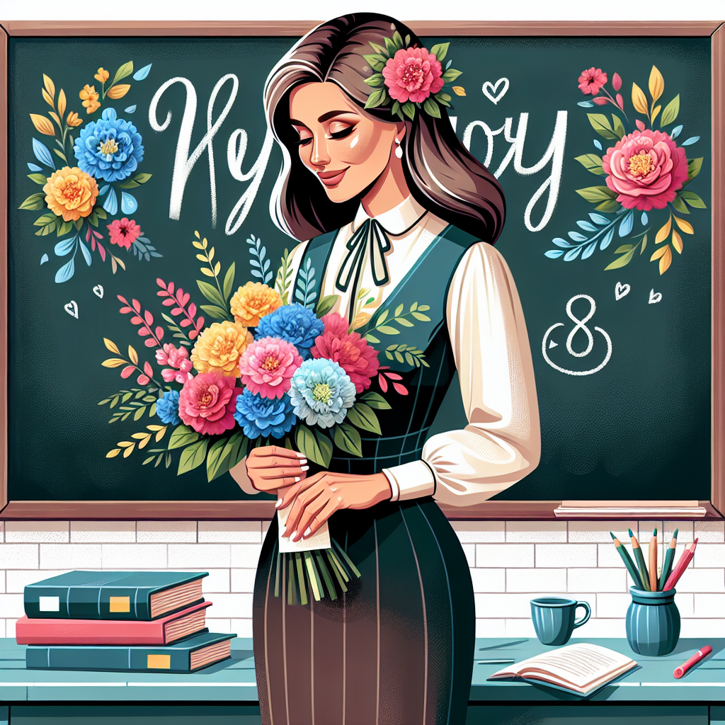 Create a teacher's day greeting card featuring a 80-kilogram Slavic-looking teacher in a beautiful business dress holding a bouquet of garden flowers in front of a school blackboard with the word "HOLY" written in Russian Create a teacher's day greeting card featuring a 80-kilogram Slavic-looking teacher in a beautiful business dress holding a bouquet of garden flowers in front of a school blackboard with the word "HOLY" written in Russian