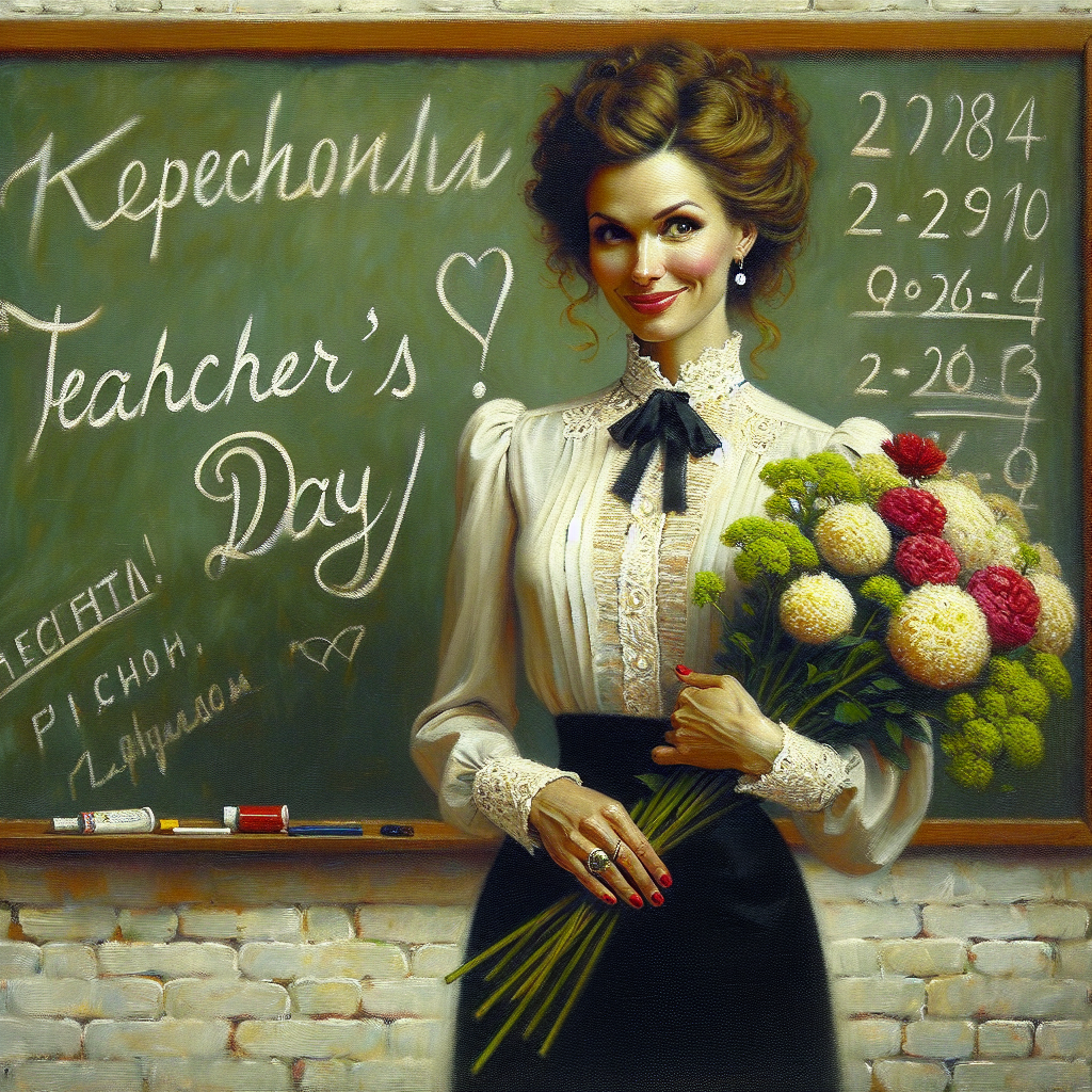 Create a teacher's day greeting card featuring a "bodied" woman with a Slavic appearance wearing a beautiful business dress. She holds a bouquet of garden flowers against the backdrop of a school board with the message "TEACHER'S DAY!" in Russian. Create a teacher's day greeting card featuring a "bodied" woman with a Slavic appearance wearing a beautiful business dress. She holds a bouquet of garden flowers against the backdrop of a school board with the message "TEACHER'S DAY!" in Russian.