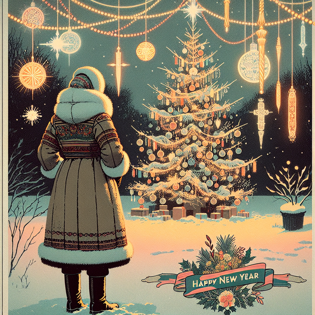 Create a retro Soviet-style New Year's card. Dressed in Soviet winter clothes, outside in front of a decorated Christmas tree with ornaments and garlands. Add the words "Happy New Year!" to the bottom of the card using a decorative ribbon.