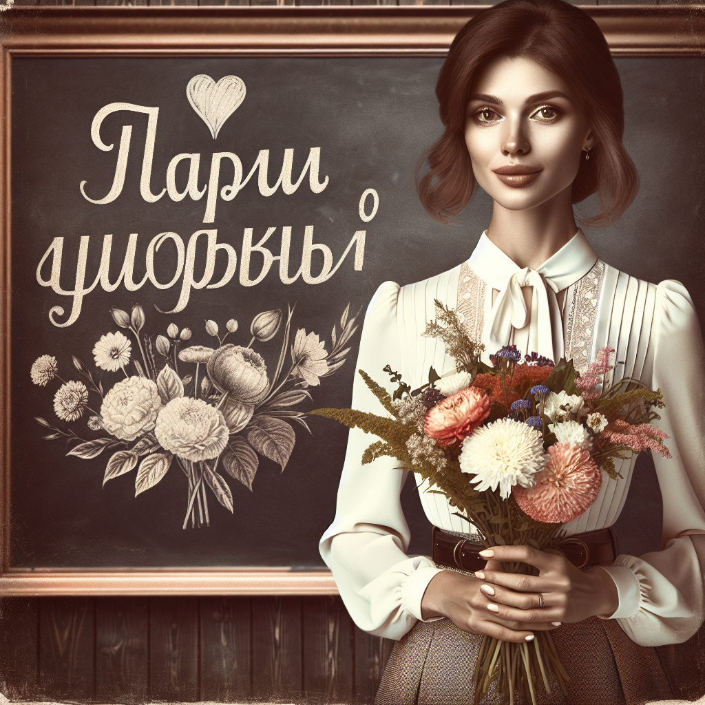 Create a teacher's day greeting card featuring a Slavic-looking woman in a beautiful business dress holding a bouquet of garden flowers in front of a school blackboard with large, beautiful letters in Russian that read "Teacher's Day." Create a teacher's day greeting card featuring a Slavic-looking woman in a beautiful business dress holding a bouquet of garden flowers in front of a school blackboard with large, beautiful letters in Russian that read "Teacher's Day."