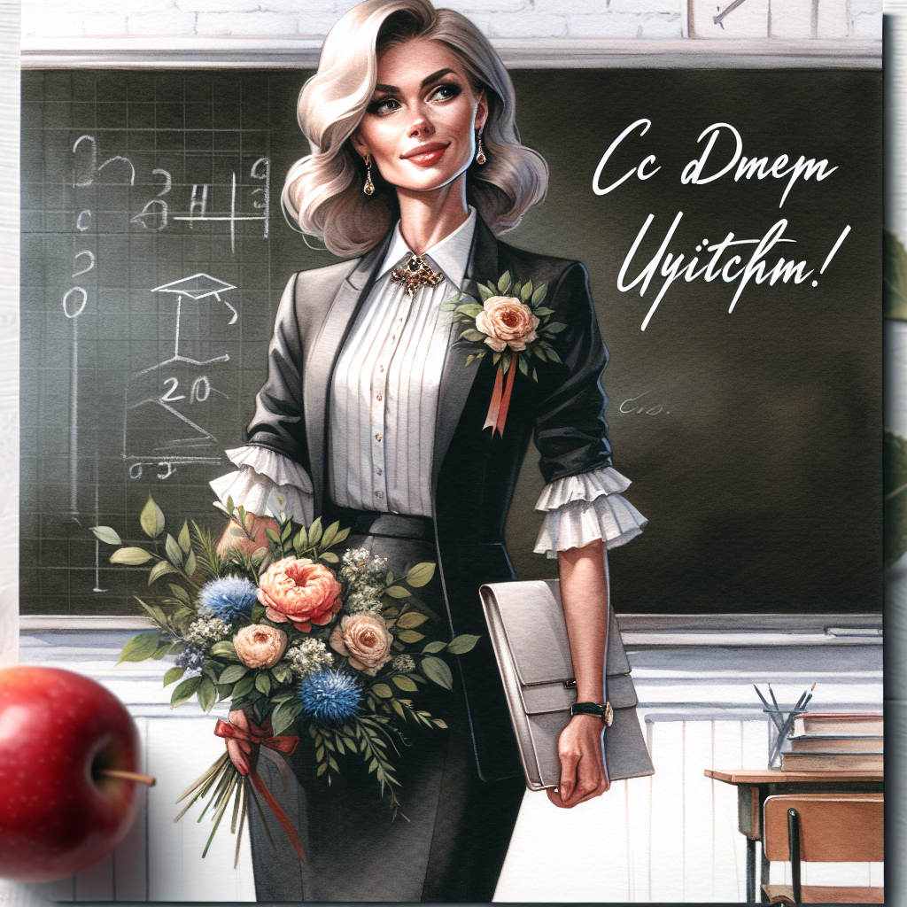 Create a teacher's day greeting card featuring a Slavic-looking woman in a beautiful business dress holding a bouquet of garden flowers against the backdrop of a school blackboard with the message "С ДНЕМ УЧИТЕЛЯ!" Create a teacher's day greeting card featuring a Slavic-looking woman in a beautiful business dress holding a bouquet of garden flowers against the backdrop of a school blackboard with the message "С ДНЕМ УЧИТЕЛЯ!"