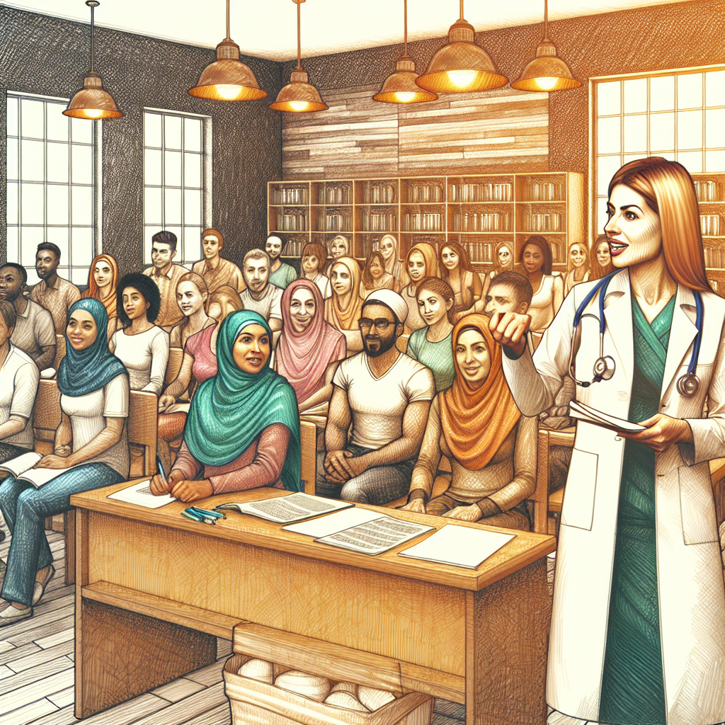 Create a picture of a school for parents on homeopathy health with a doctor women Create a picture of a school for parents on homeopathy health with a doctor women