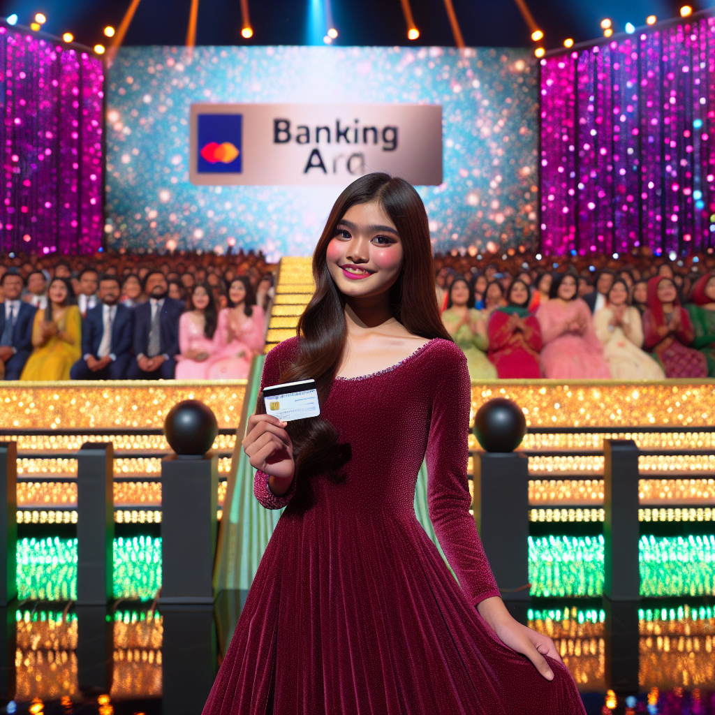 A girl in a long red dress, holding an Alfa Bank card, stands on the stage, in the background of the stage bright colourful lights, posters and people