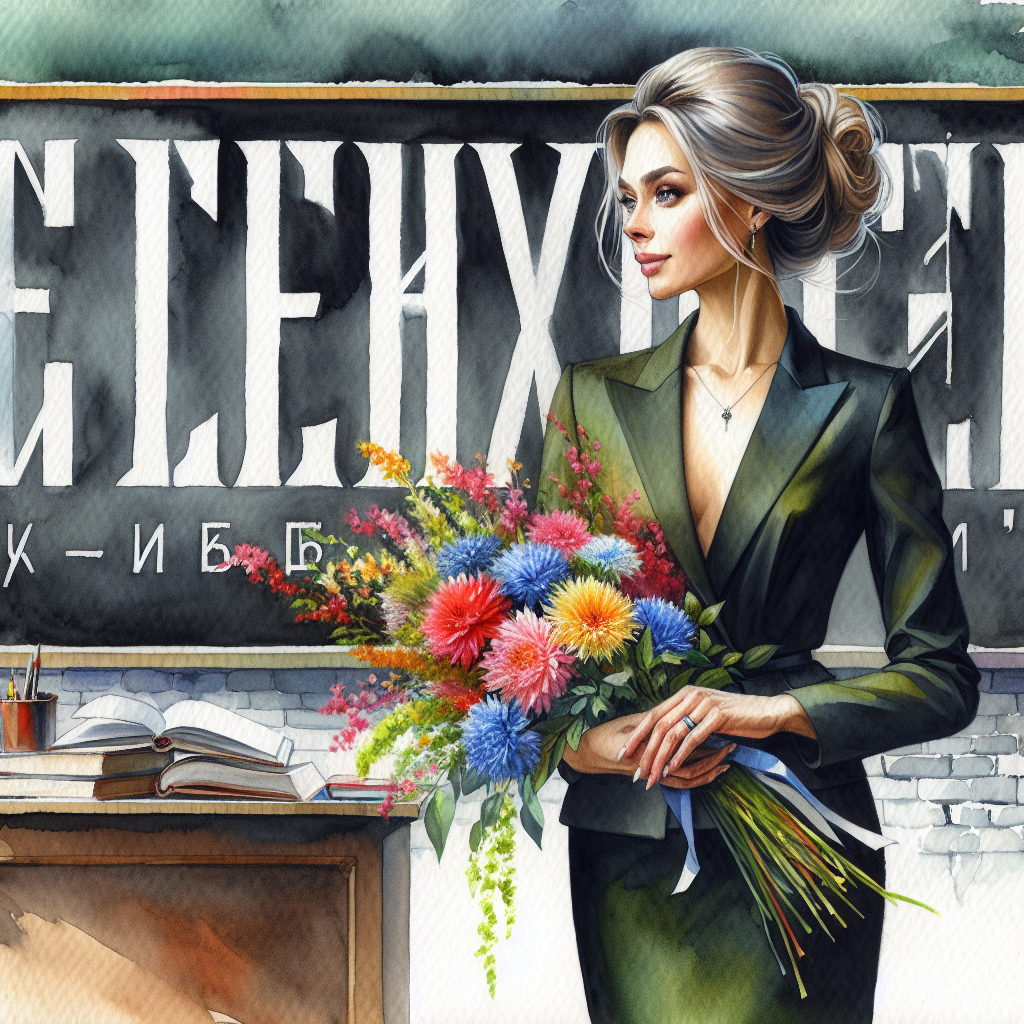 Create a teacher's day greeting card featuring a Slavic-looking woman in a beautiful business dress holding a bouquet of garden flowers in front of a school blackboard with large, beautiful letters in Russian that read "Teacher's Day." Create a teacher's day greeting card featuring a Slavic-looking woman in a beautiful business dress holding a bouquet of garden flowers in front of a school blackboard with large, beautiful letters in Russian that read "Teacher's Day."