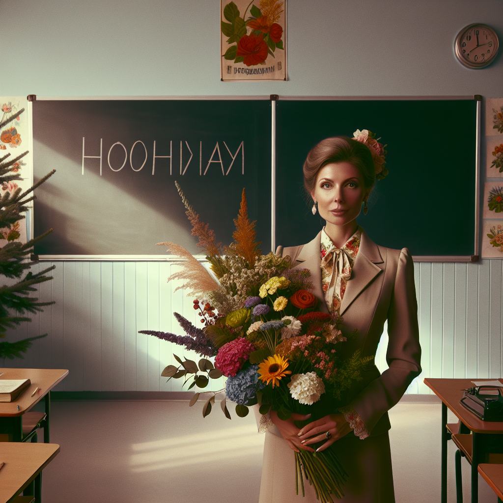 Create a teacher's day greeting card featuring a Slavic-looking teacher in a beautiful business dress holding a bouquet of garden flowers in front of a school blackboard with the word "HOLIDAY" written in Russian Create a teacher's day greeting card featuring a Slavic-looking teacher in a beautiful business dress holding a bouquet of garden flowers in front of a school blackboard with the word "HOLIDAY" written in Russian