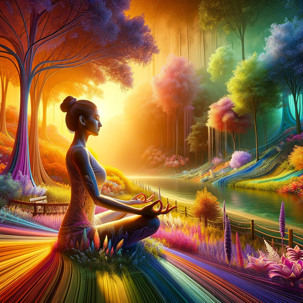A serene woman meditating in nature, surrounded by vibrant colors, capturing a feeling of peace and energy. The setting could be a lush park or a tranquil beach.