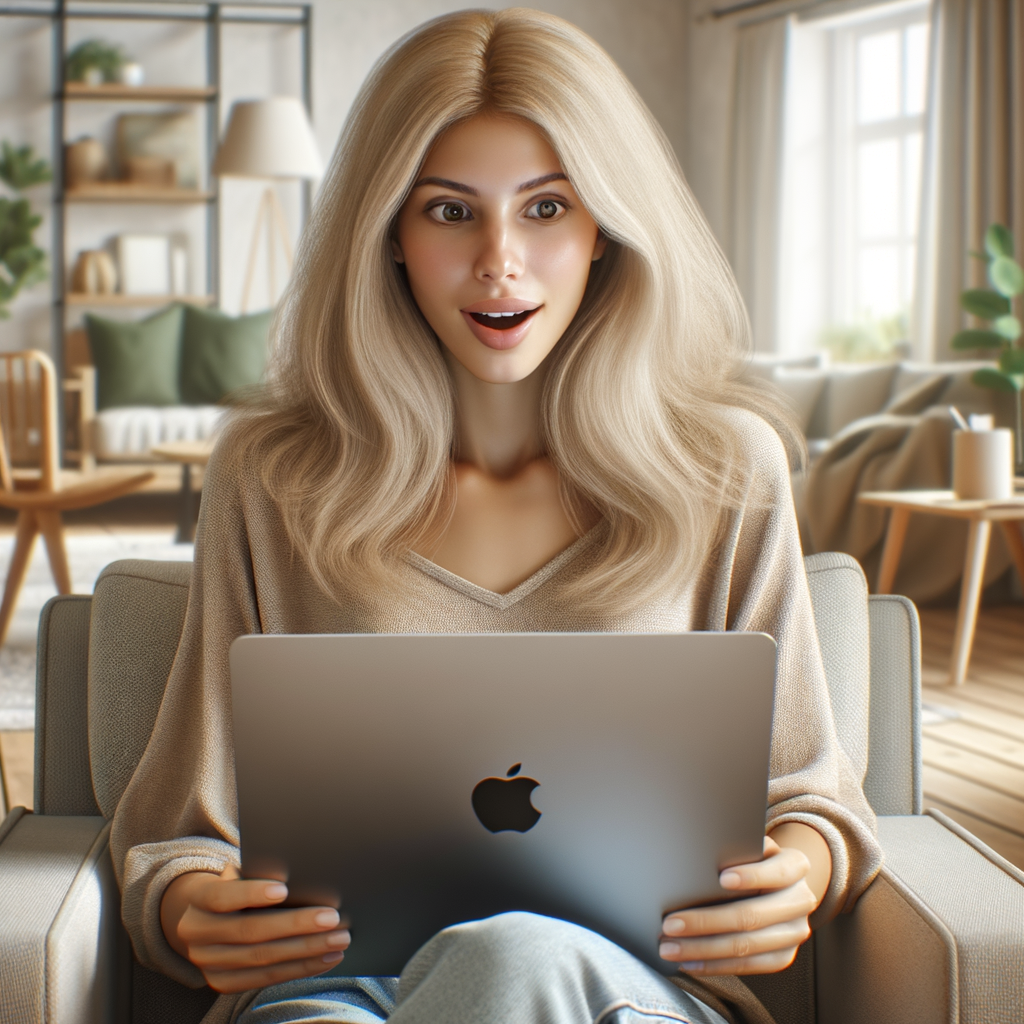 Create the most realistic image with a girl blonde 30 years old, she is sitting in an armchair and looking surprised at the macbook that is on her lap. All around is a bright living room in a Scandinavian minimalist style.